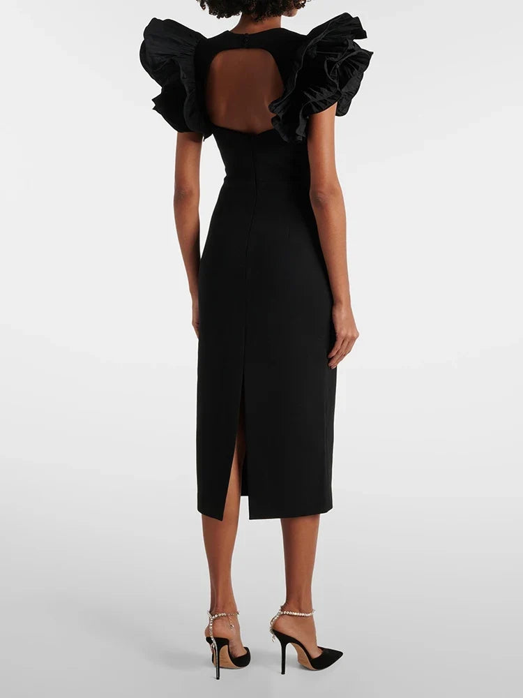 Wave Butterfly-Sleeve Midi Dress