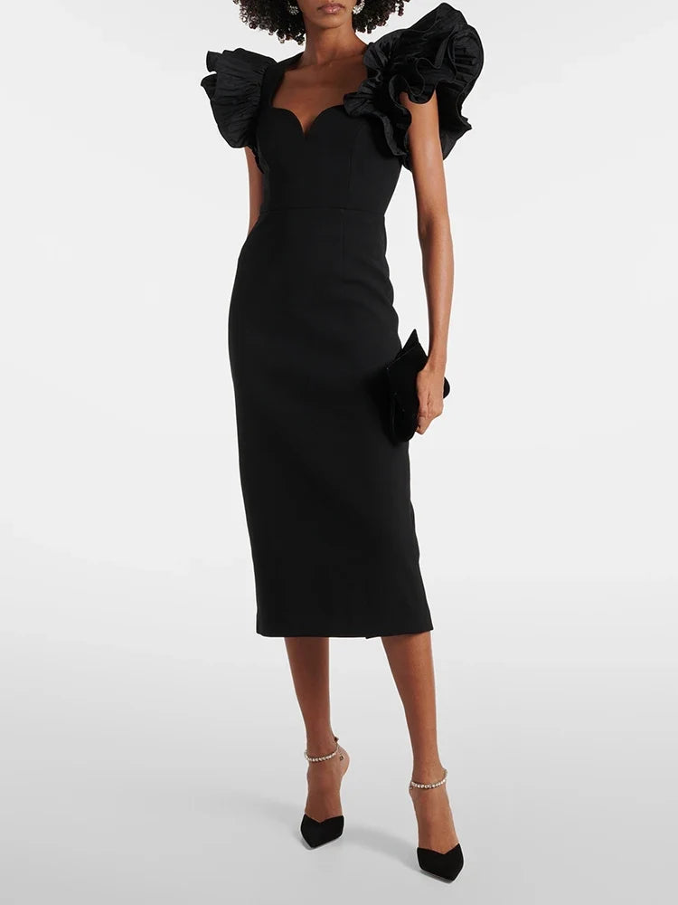 Wave Butterfly-Sleeve Midi Dress